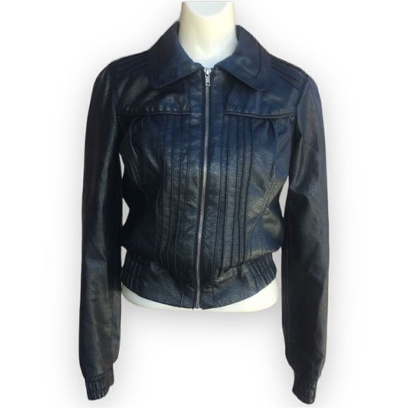 Windsor Vegan Faux Black Leather Pleated Moto Jacket - Picture 2 of 8
